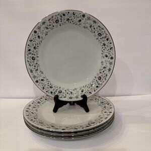 Vintage Noritake 2480 Floris (4) Dinner Plates Blue Flowers Platinum Trim 10.5”